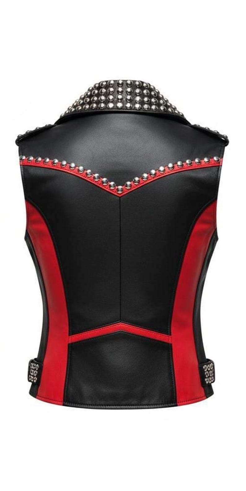 Women Red Black Studded Punk Leather Vest
