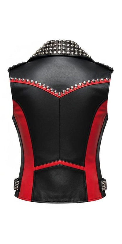 Women Red Black Studded Punk Leather Vest