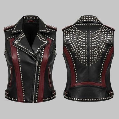 Women Studded Cowhide Leather Biker Vest Black Brown