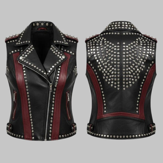 Women Studded Cowhide Leather Biker Vest Black Brown