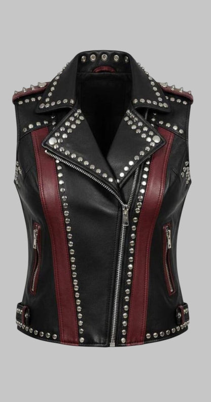 Women Studded Cowhide Leather Biker Vest Black Brown