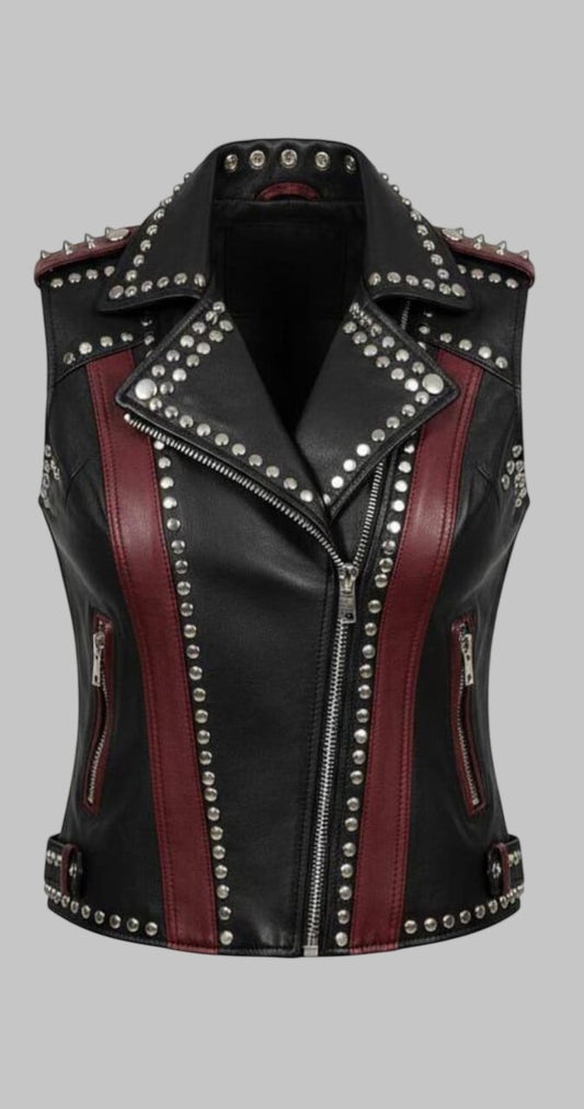 Women Studded Cowhide Leather Biker Vest Black Brown