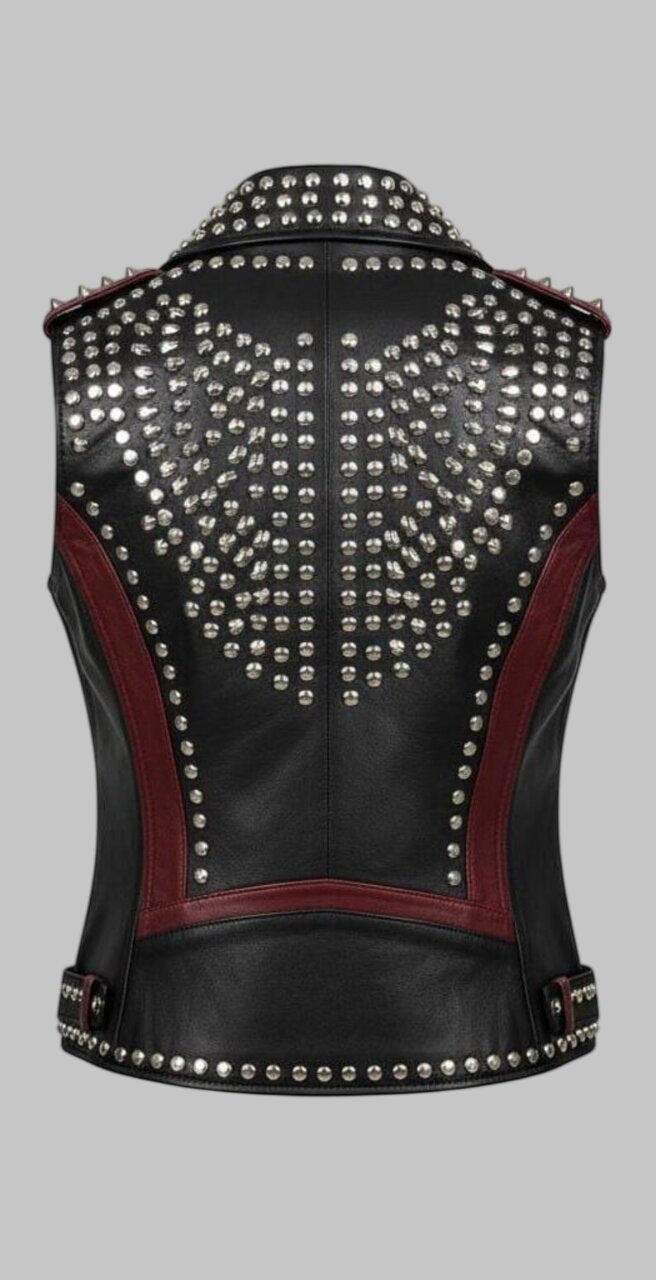 Women Studded Cowhide Leather Biker Vest Black Brown