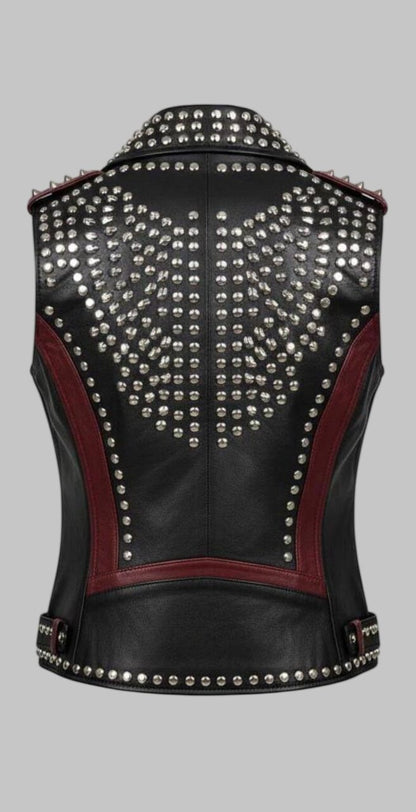 Women Studded Cowhide Leather Biker Vest Black Brown