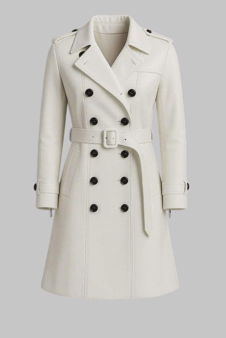 Women White Leather Trench Coat Long