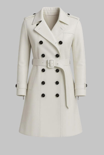 Women White Leather Trench Coat Long