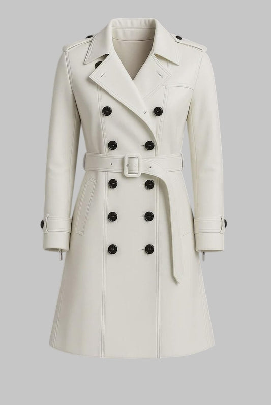 Women White Leather Trench Coat Long