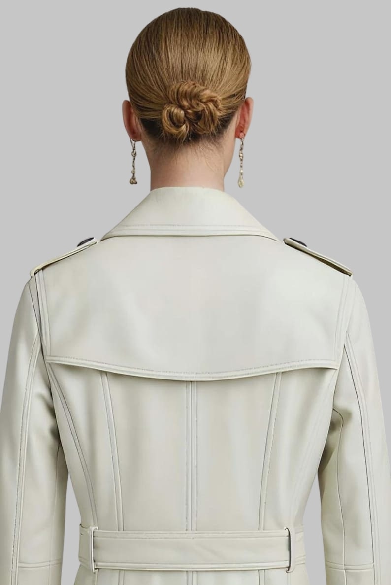 Women White Leather Trench Coat Long