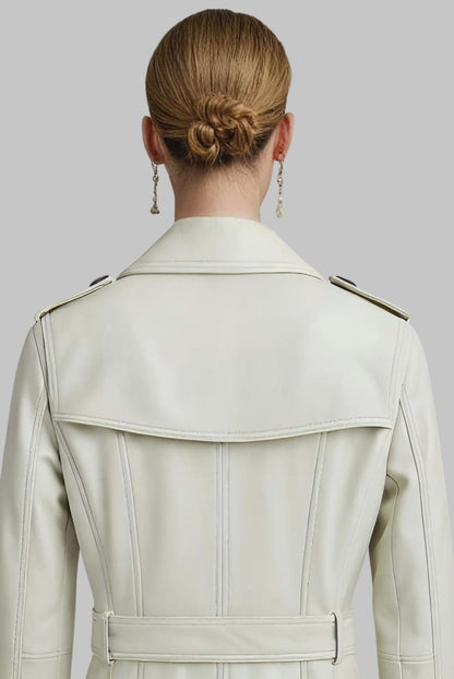 Women White Leather Trench Coat Long