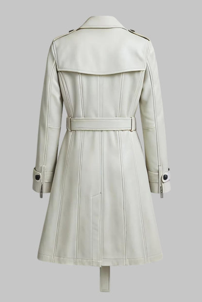 Women White Leather Trench Coat Long
