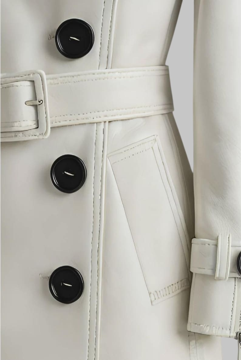Women White Leather Trench Coat Long