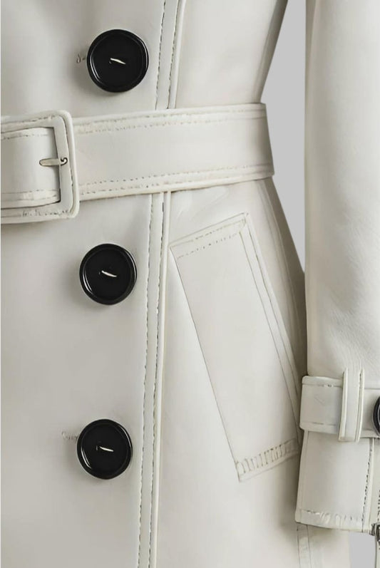 Women White Leather Trench Coat Long