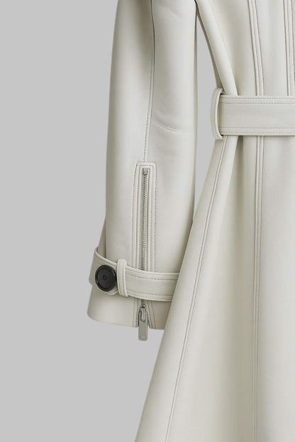 Women White Leather Trench Coat Long