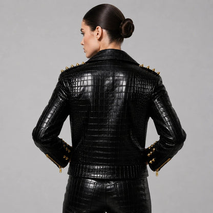 Back view black crocodile textured biker jacket with gold studs by avanzar leather