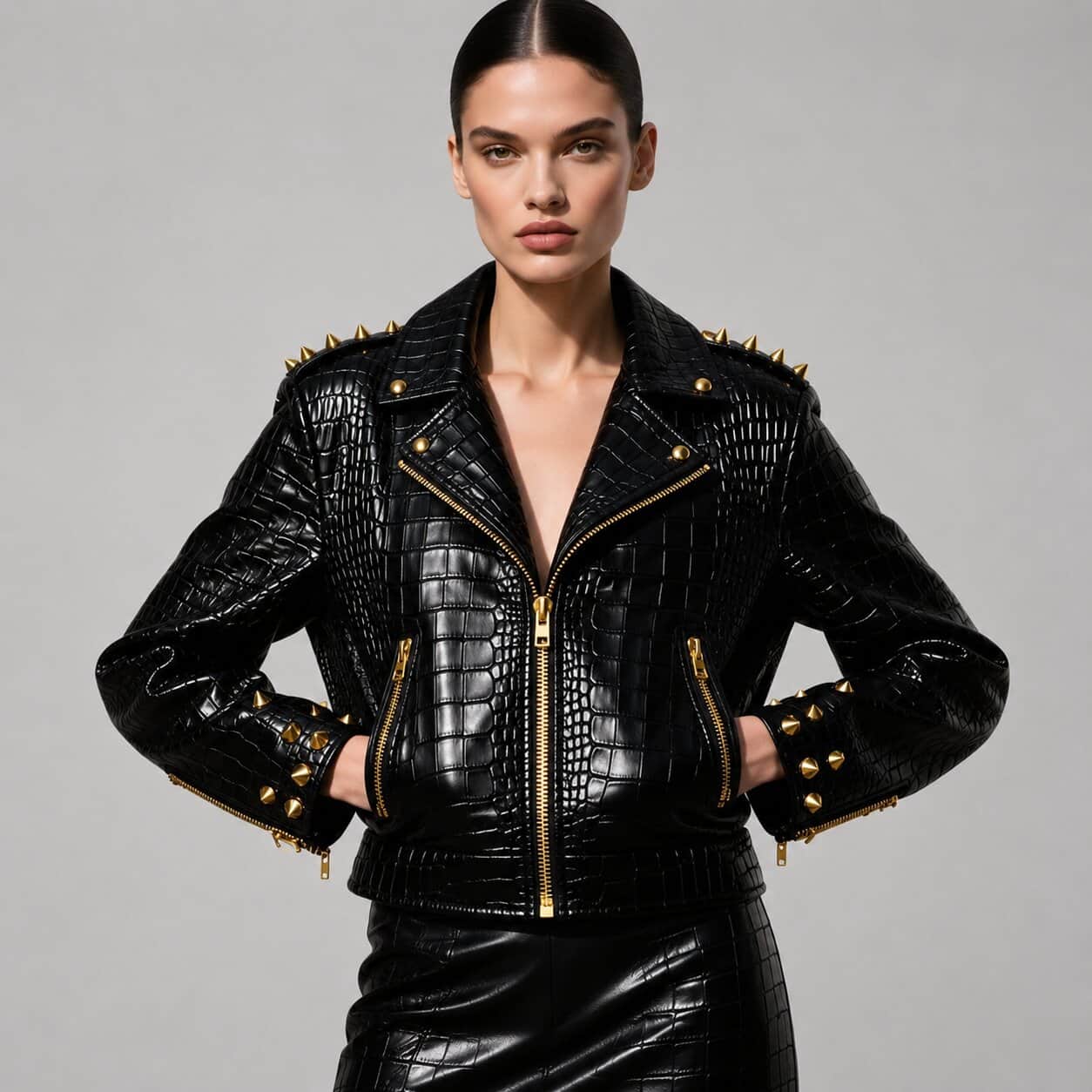 Front view women’s black crocodile textured leather biker jacket avanzar leather