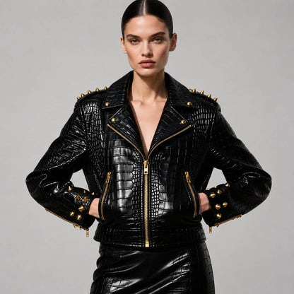 Front view women’s black crocodile textured leather biker jacket avanzar leather