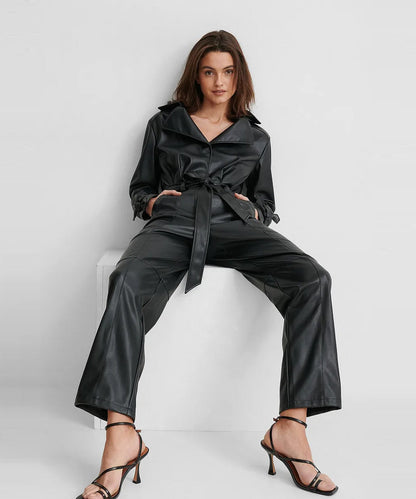 Women's Black Sleeved Genuine Lambskin Leather Jumpsuit