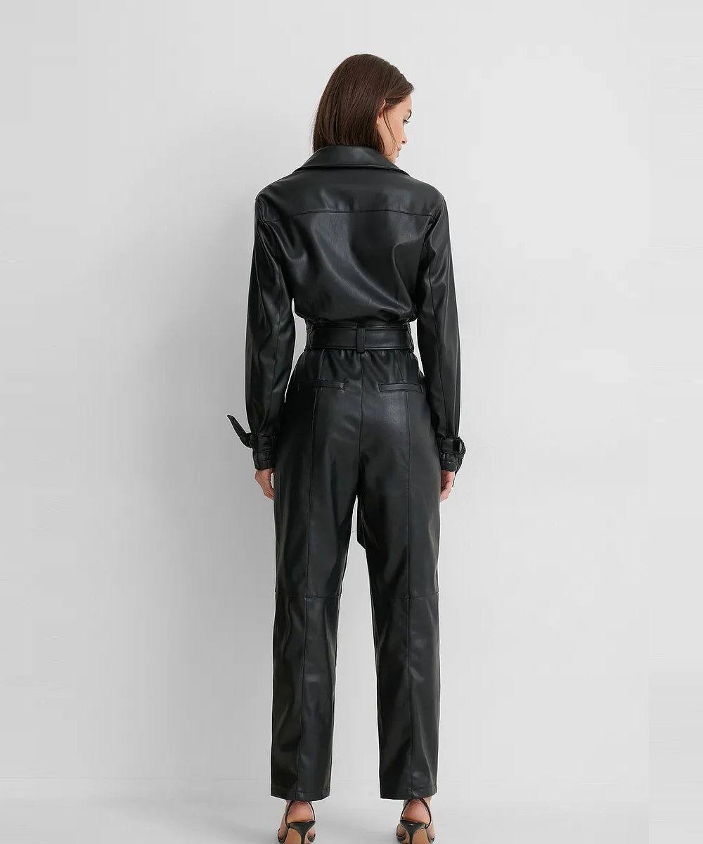 Women's Black Sleeved Genuine Lambskin Leather Jumpsuit