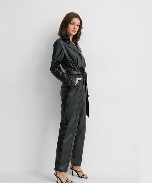 Women's Black Sleeved Genuine Lambskin Leather Jumpsuit