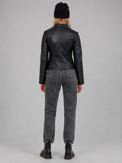 Women's Black Leather Cafe Racer Jacket - Sleek Modern Look back view by avanzar leather