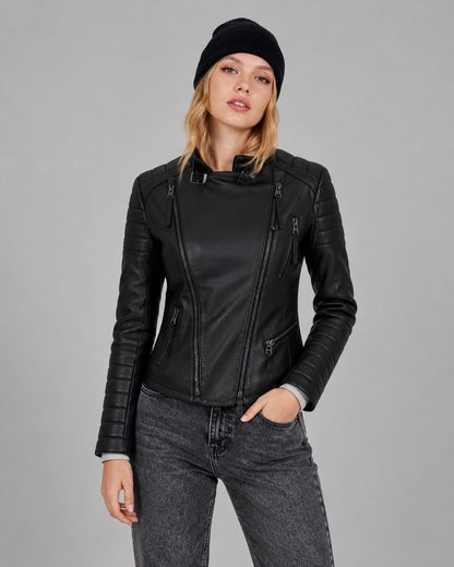 Women's Black Leather Cafe Racer Jacket - Sleek Modern Look front view by avanzar leather