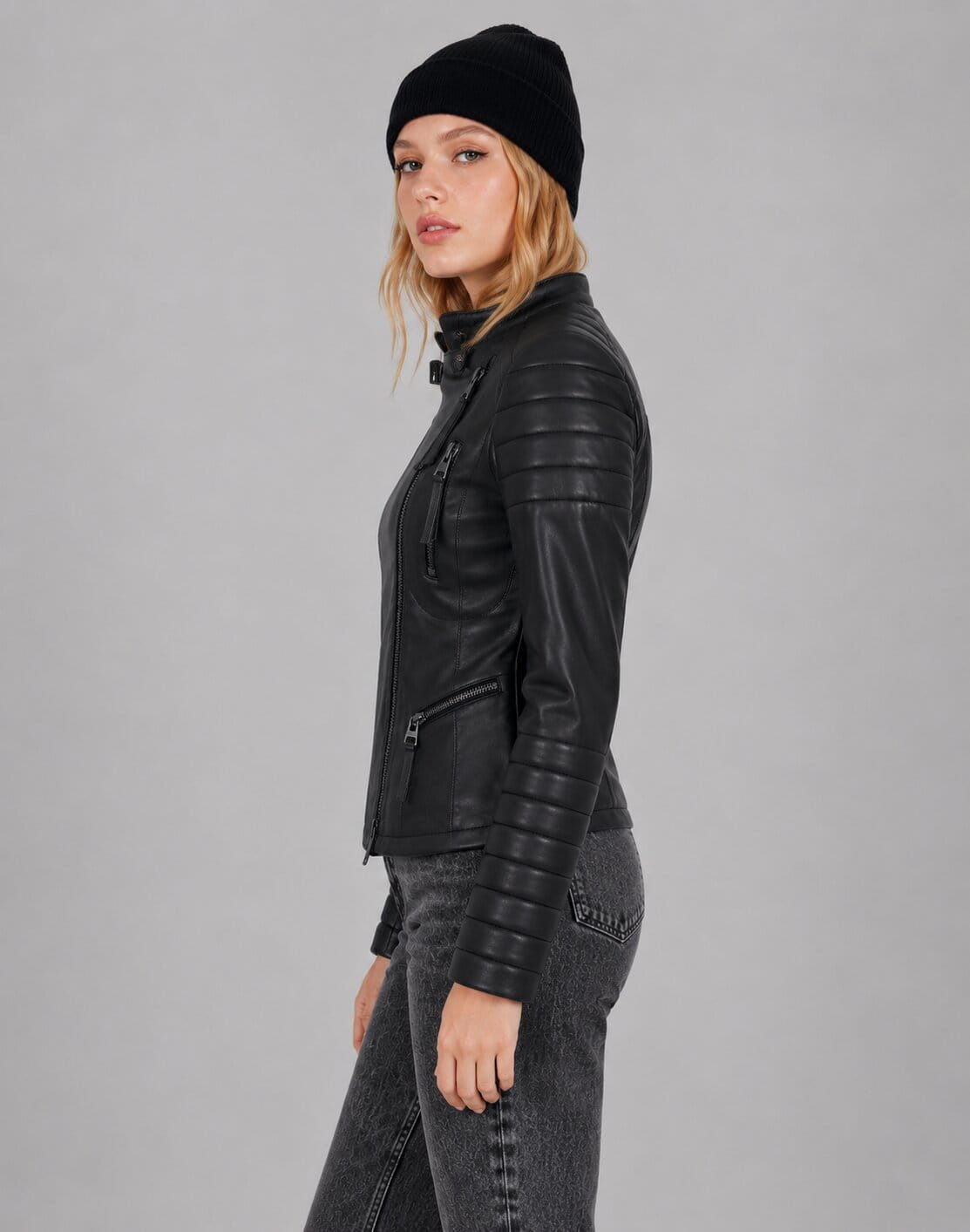 Women's Black Leather Cafe Racer Jacket - Sleek Modern Look sid view by avanzar leather