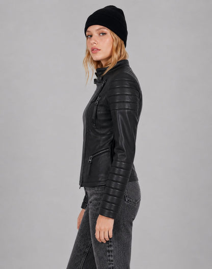 Women's Black Leather Cafe Racer Jacket - Sleek Modern Look sid view by avanzar leather