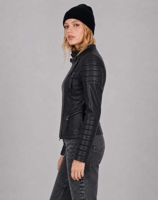 Women's Black Leather Cafe Racer Jacket - Sleek Modern Look sid view by avanzar leather
