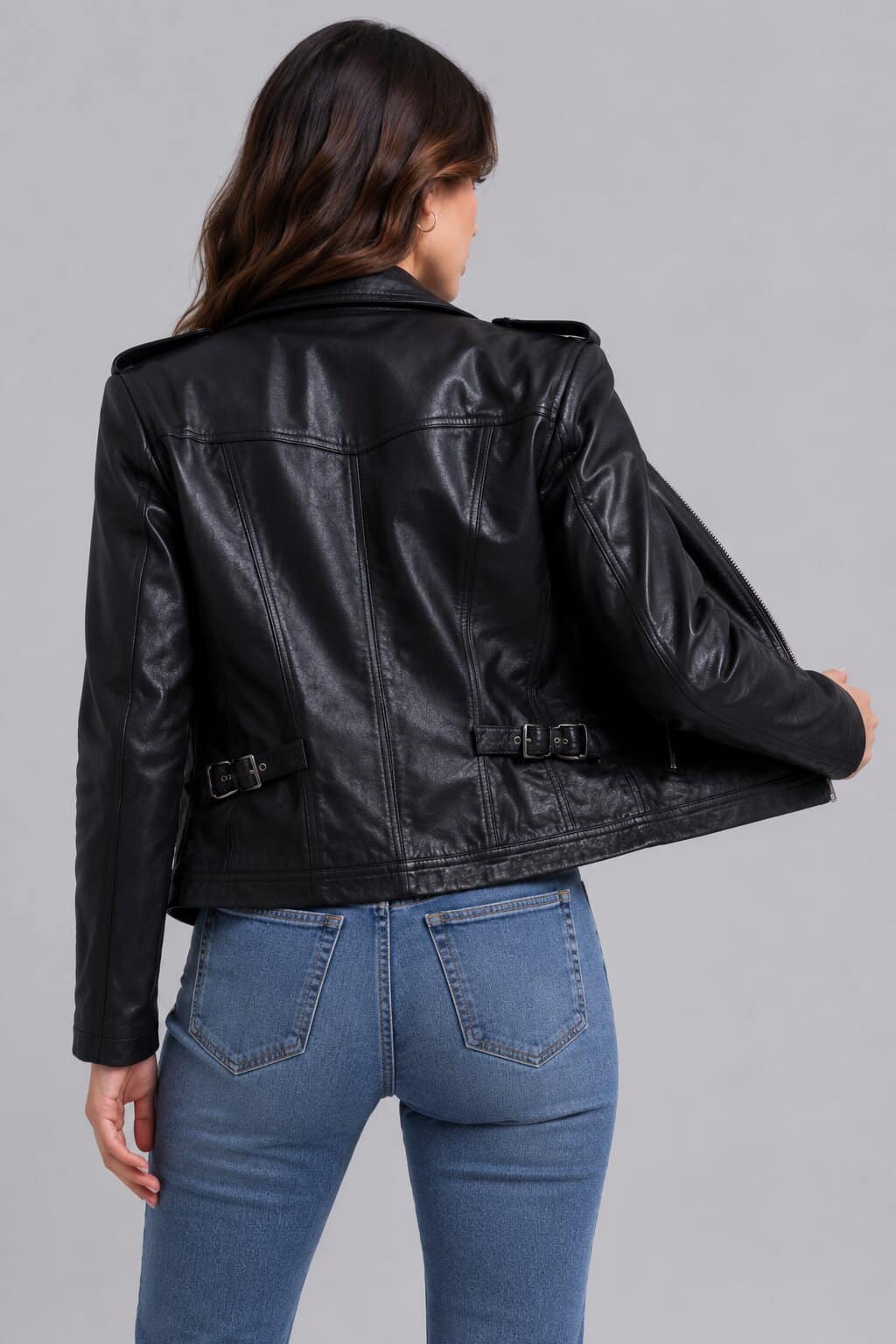 Women's Black Leather Harrington Jacket - Classic Trucker Style back view by avanzr leather