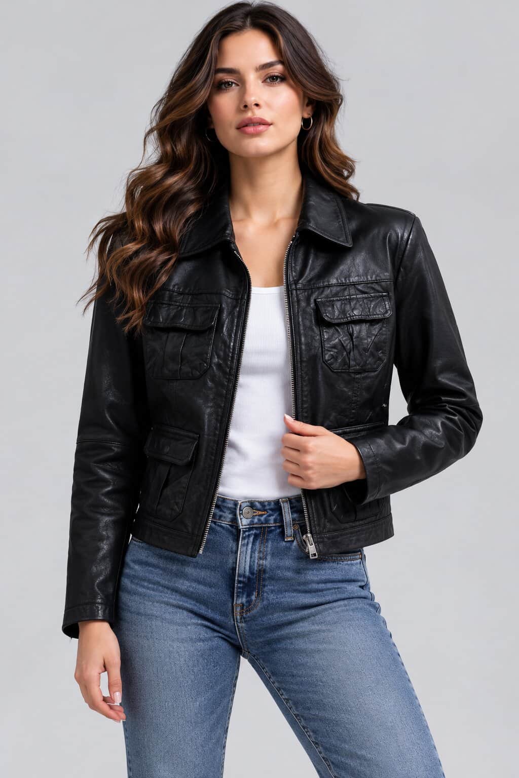 Women's Black Leather Harrington Jacket - Classic Trucker Style front view by avanzr leather