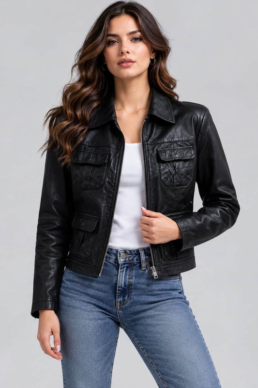 Women's Black Leather Harrington Jacket - Classic Trucker Style front view by avanzr leather