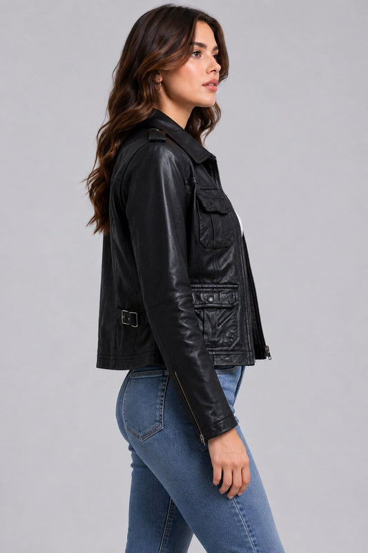 Women's Black Leather Harrington Jacket - Classic Trucker Style sid view by avanzr leather