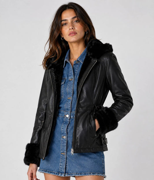 Women's Black Leather Shearling Jacket - Timeless Winter Look front view by avanzar leather