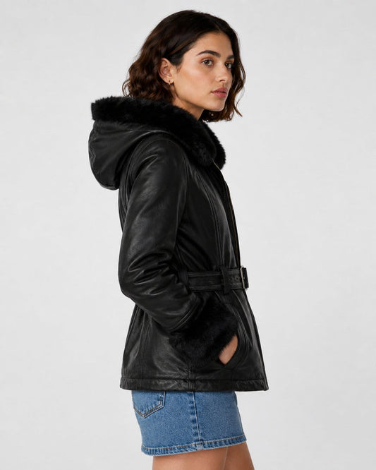 Women's Black Leather Shearling Jacket - Timeless Winter Look sid view by avanzar leather