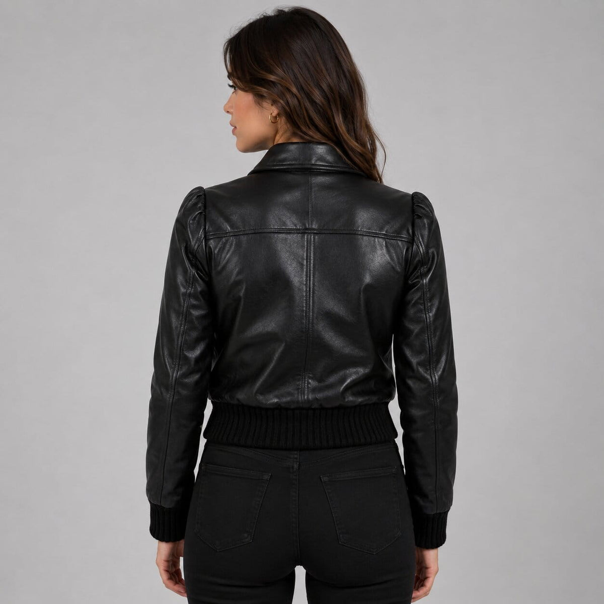 Women's Black Shearling Leather Bomber Jacket - Classic Aviator Style back view by avanzar leather
