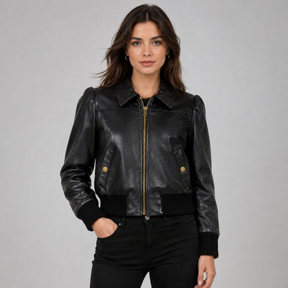 Women's Black Shearling Leather Bomber Jacket - Classic Aviator Style front view by avanzar leather