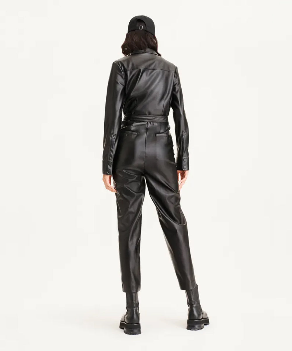 Women's Black Sheepskin Leather Dress Jumpsuit with Elegant Design