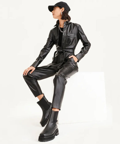 Women's Black Sheepskin Leather Dress Jumpsuit with Elegant Design