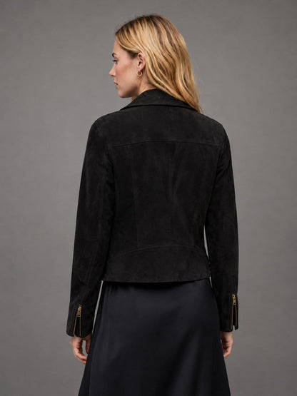Women's Black Suede Biker Jacket - Sleek Leather Design back view by avanzar leather