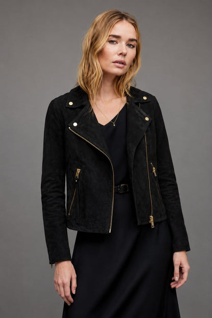 Women's Black Suede Biker Jacket - Sleek Leather Design front view by avanzar leather