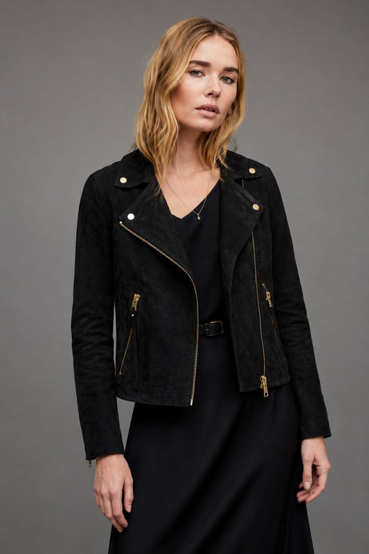 Women's Black Suede Biker Jacket - Sleek Leather Design front view by avanzar leather