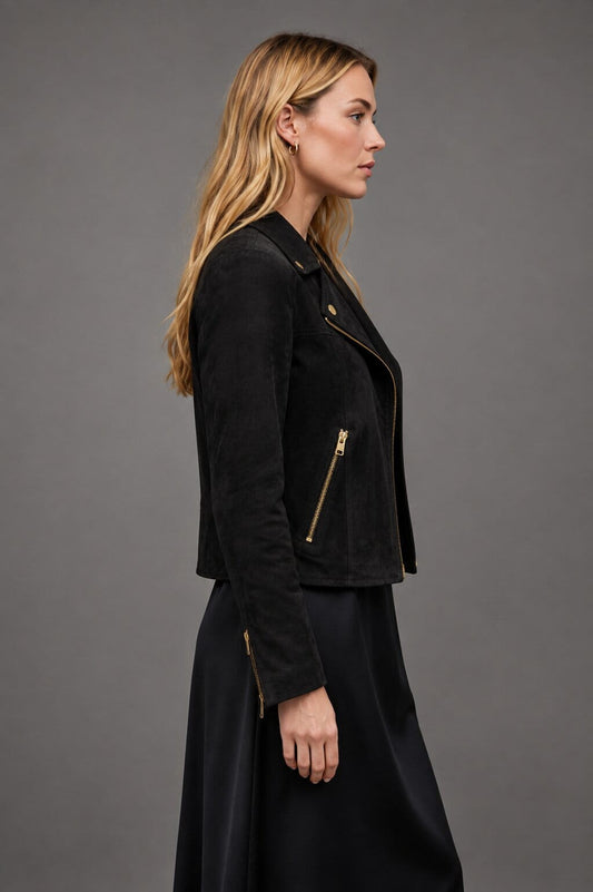Women's Black Suede Biker Jacket - Sleek Leather Design sid view by avanzar leather