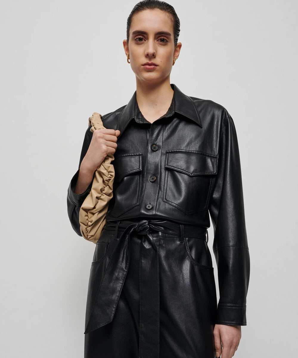 Women's Black Trucker-Styled Utility Leather Dress Jumpsuit