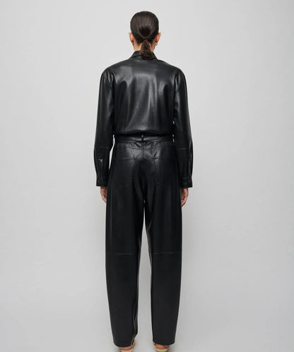 Women's Black Trucker-Styled Utility Leather Dress Jumpsuit