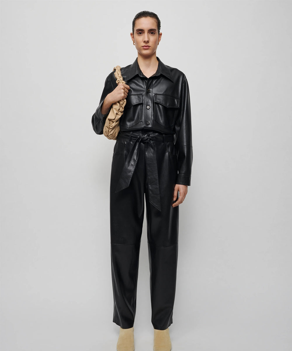 Women's Black Trucker-Styled Utility Leather Dress Jumpsuit