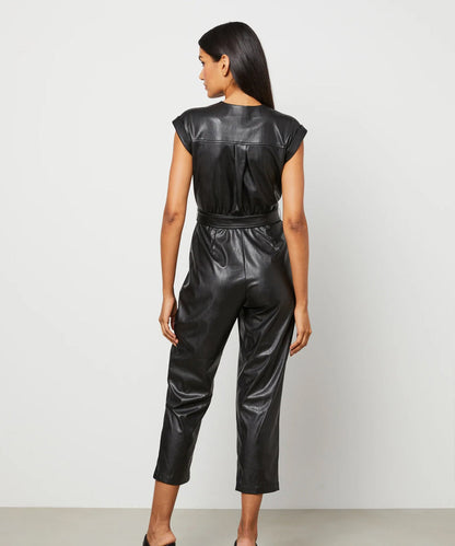 Women's Black Belted Utility Down Leather Jumpsuit