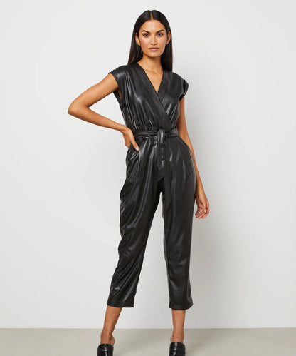 Women's Black Belted Utility Down Leather Jumpsuit