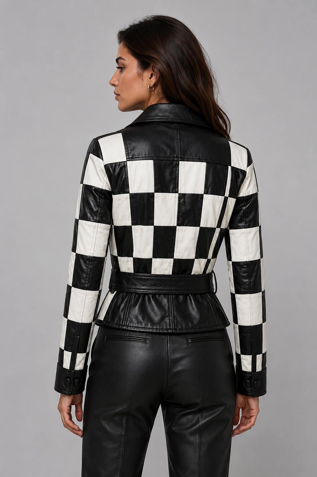 Women's Black White Checkered Real Leather Moto Biker Jacket by avanzar leather