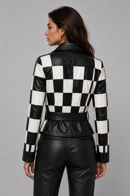 Women's Black White Checkered Real Leather Moto Biker Jacket by avanzar leather