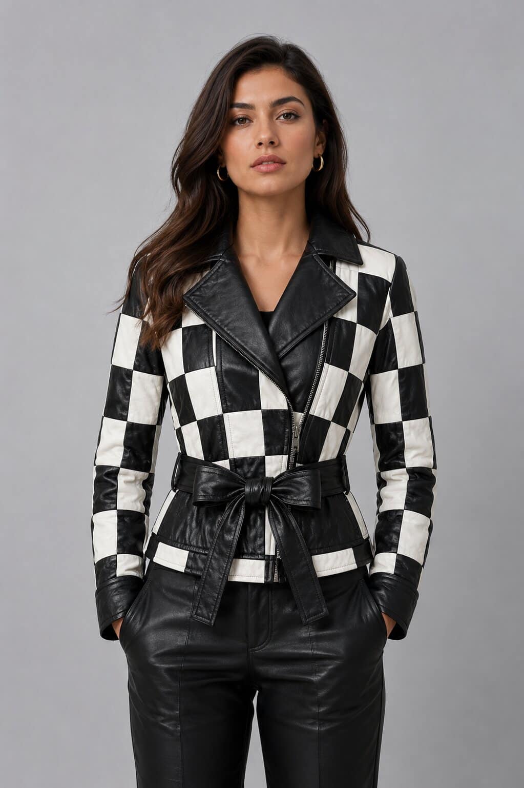 Women's Black White Checkered Real Leather Moto Biker Jacket by avanzar leather
